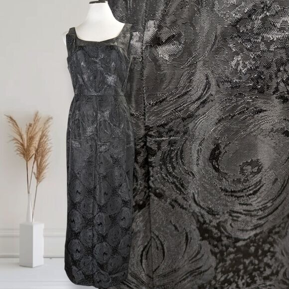 Vintage 60s Jacquard Cocktail Formal Maxi Dress Size 6 Black Fitted Bombshell - Picture 1 of 15